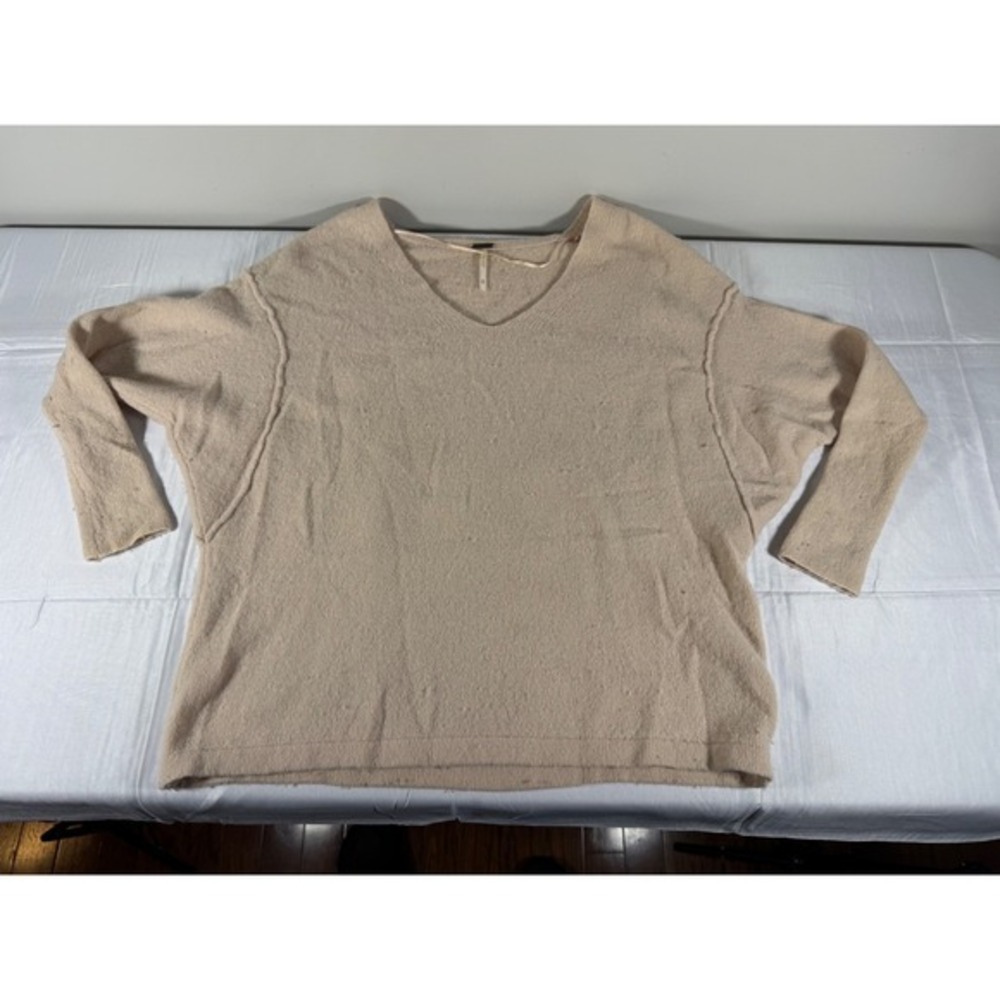 Free People Oversized V-Neck Sweater Beige Seam Detail XS OB534570